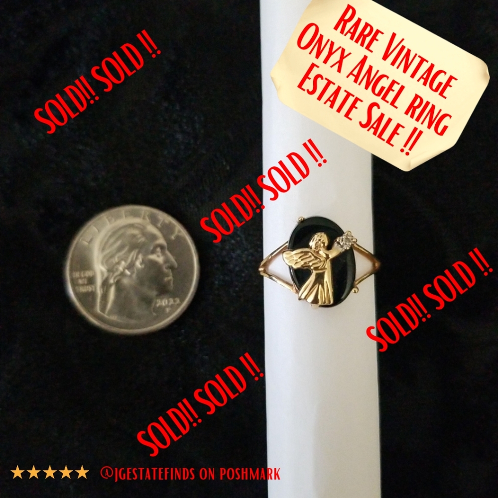 Blessed Rare Black Onyx 10k Gold Angel Ring with real Diamond Size 11